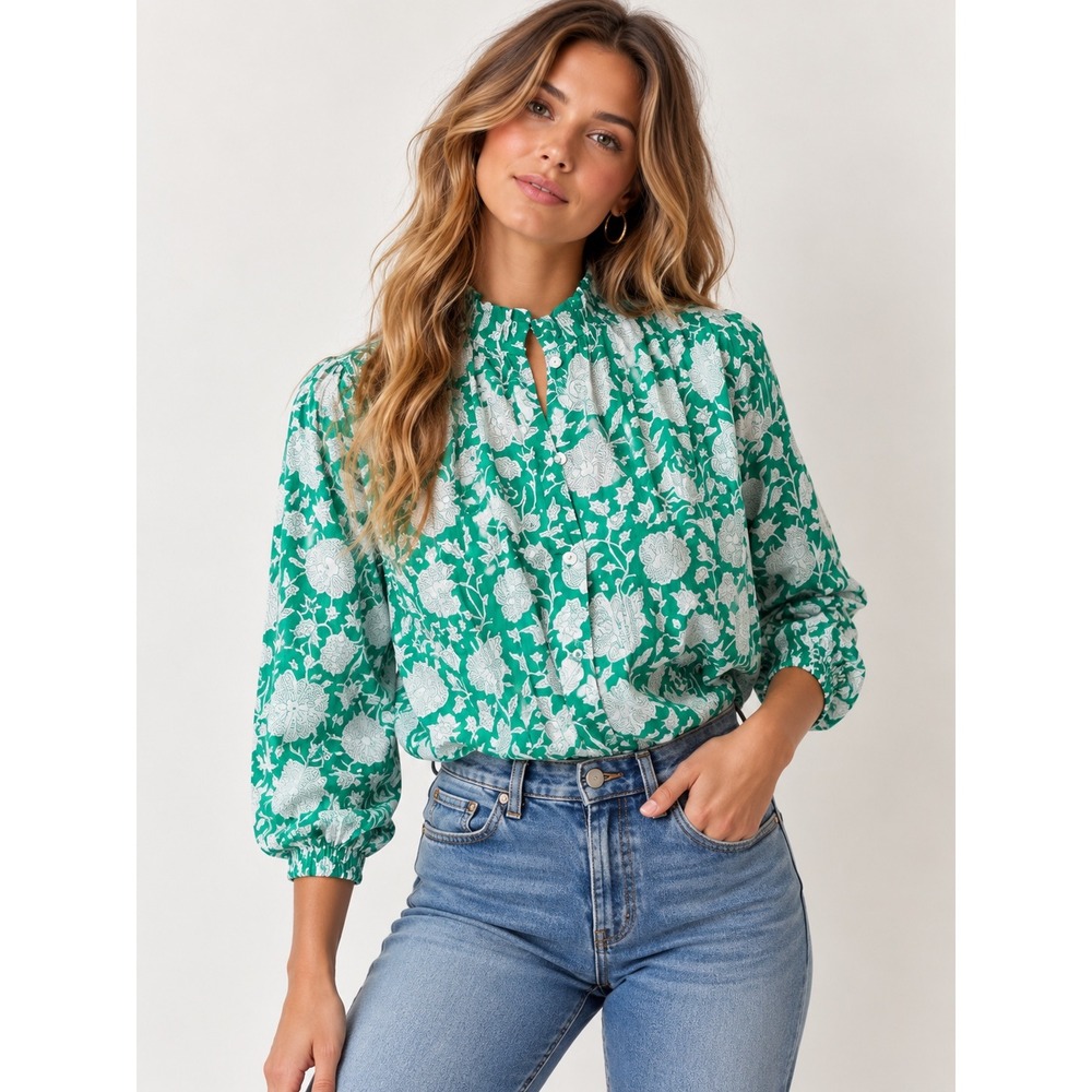 Mille Francesca Top Green Zinnia Floral Blouse Emerald Green White Ruffle XS